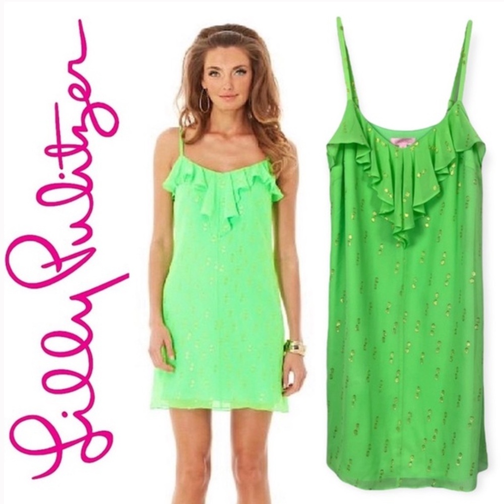 Lilly Pulitzer Gianna Silk Strappy Ruffle Mini Dress Green Metallic Gold Dot S